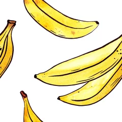 Papier peint Aquarelle ensemble 1 Ensemble dessiné à la main de modèle sans couture de bananes jaunes. Fruits tropicaux isolés sur fond blanc. Illustration aquarelle botanique alimentaire pour la conception ou l& 39 impression, étiquettes en tissu pour confiture, crème.