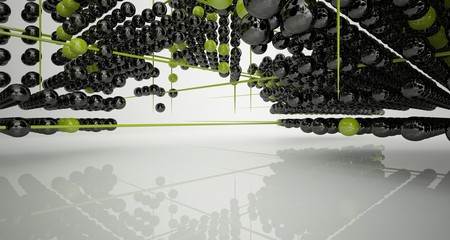 Abstract white and colored gradient  interior multilevel public space from array spheres with window. 3D illustration and rendering.