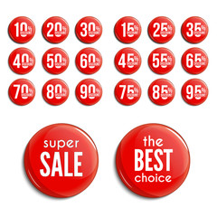 Discount percent glass badges set. Sale promotions collection. Shopping marks