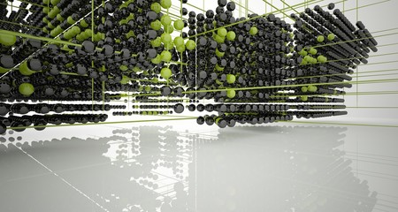 Abstract white and colored gradient  interior multilevel public space from array spheres with window. 3D illustration and rendering.