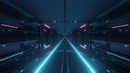futuristic technical science-fiction tunnel corridor with endless glowing lights 3d illustration background wallpaper graphic artwork