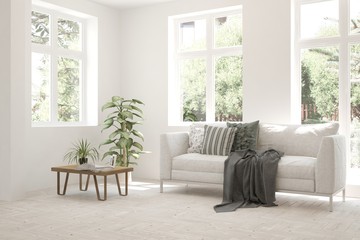 Stylish room in white color with sofa and summer landscape in window. Scandinavian interior design. 3D illustration