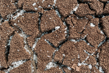 Close-up photo of cracked soil in the winter with ice. Background, texture