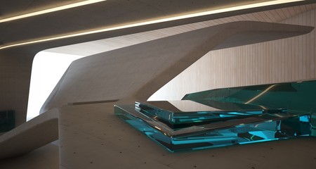 Fototapeta premium Abstract architectural concrete, wood and glass smooth interior of a minimalist house with swimming pool and neon lighting. 3D illustration and rendering.