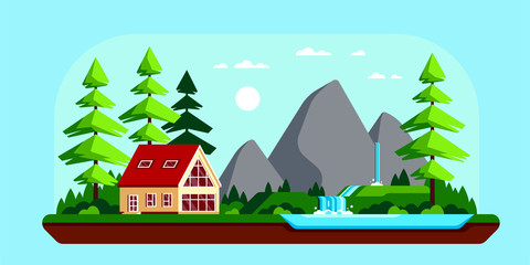 Family cottage house in the forest, Flat design illustration.