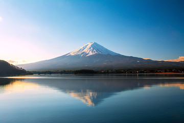The morning of Mount Fuji and the trees by the lake Kawaguchiko in Japan.