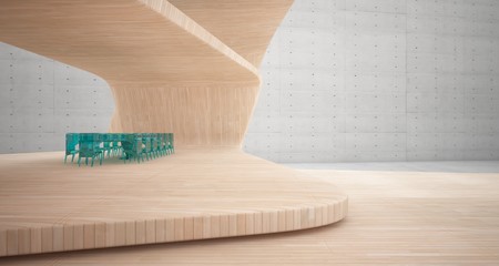 Abstract architectural concrete, wood and glass smooth interior of a minimalist house with swimming pool and large window. 3D illustration and rendering.