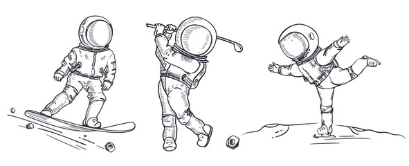 Set of images of astronauts. Sketching graphics. Astronaut with niblick.