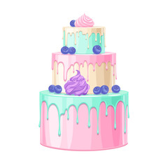 Colorful birthday cake decorated with berries vector illustration.