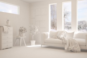 Mock up of stylish room in white color with sofa. Scandinavian interior design. 3D illustration