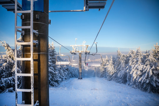 Ski areal Jested in sunny winter day in mountain, Liberec, Czech Republic