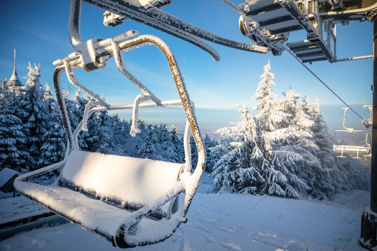 Ski areal Jested in sunny winter day in mountain, Liberec, Czech Republic