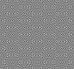 Vector geometric ornamental seamless pattern. Subtle monochrome geometrical texture. Abstract linear shapes, stars, rhombuses, repeat tiles. Modern mosaic background. Design for decor, fabric, prints