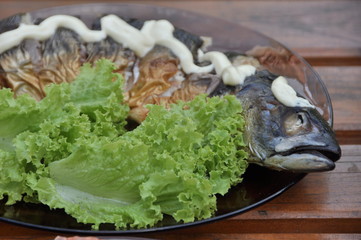 Cringe Fish Drenched in Mayonnaise with Side Salad – Funny Meme Food in Awkward Café Presentation