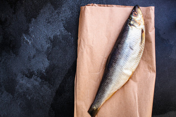 herring (healthy food, salted raw fish and spices) menu concept. food background. top view. copy space