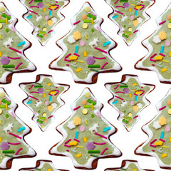 Fototapeta na wymiar Gingerbread cookies Christmas tree for Christmas and New year seamless pattern. Template. Gingerbread. Gifts and celebration. Festive background. Isolated cookies.