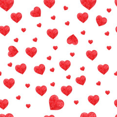 Seamless pattern with watercolor red hearts on white background. Perfect for textile fabric print, wrapping, wallpapers, etc. Love theme art.
