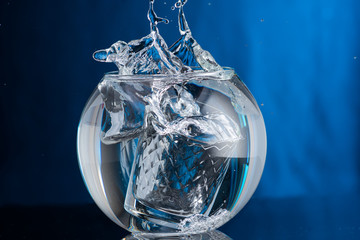 a piece of ice and a splash fall into a glass of water or vodka, all under water in a round vase