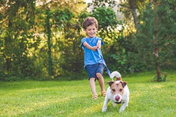 Small boy and dog training to walk on leash without pulling