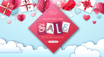 Happy Valentine`s day background with love hearts and gift boxes. Valentine`s day sale poster
