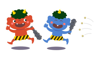 豆撒きではしゃぐ、赤鬼と青鬼