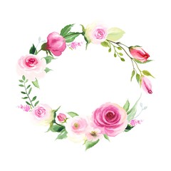 Floral frame with pink roses, buds and green leaves, frame for your design. Vector illustration in vintage watercolor style.