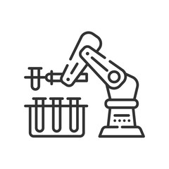 Science robot black line icon. Robot scientist doing research. Innovation in technology. Sign for web page, app. UI UX GUI design element. Editable stroke.