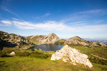 Fototapeta premium Cangas de Onis, Spain. Views of Lago Enol, one of the Lakes of Covadonga