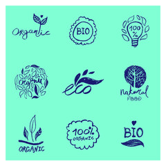 Organic food labels. Natural healthy fresh diet products icons. Green premium vegan badges. Hand lettering. Trendy vector logo for ethical agriculture, bio concept, natural cosmetics, local market.