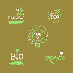 Organic food labels. Natural healthy fresh diet products icons. Green premium vegan badges. Hand lettering. Trendy vector logo for ethical agriculture, bio concept, natural cosmetics, local market.