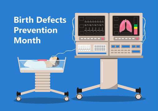 National Birth Defects Prevention Month is celebratedin January in USA. Neurology concept vector. Reanimation equipment for nursing premature newborn - Powered by Adobe