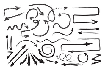 Hand drawn arrows in grunge style. Black scribble directions and helix arrows for web design, mobile apps, interface. Sketchy ink or marker arrowheads