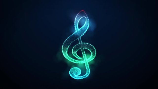 Colorful treble clef on blue background.  Glitter color particles effect. Stardust cloud. 
