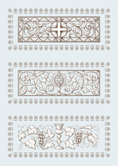 A set of Religious symbols of christianity, including cross and Holy Grail. Biblical illustrations in old engraving style. Hand drawn vector illustration