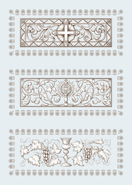A set of Religious symbols of christianity, including cross and Holy Grail. Biblical illustrations in old engraving style. Hand drawn vector illustration