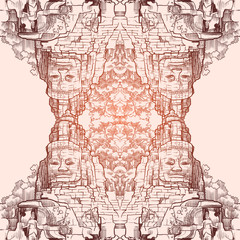 Buddha Temple in Angkor Wat, Cambodia. Engraving style sketch. Vintage design. Seamless pattern. EPS10 vector