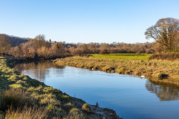 A scenic Sussex view along the River Ouse in Sussex, with the spire of Hamsey church visible behind bare trees © lemanieh