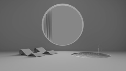 Total white project draft, imaginary fictional architecture, interior design of empty space with round window with curtain, pool with chaise longue, spa thermal