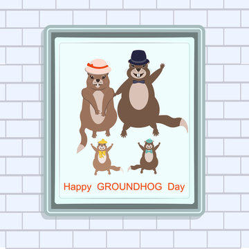 Happy Groundhog Day. Family portrait - a female in a hat, a male in a tuxedo, small rodents in berets - illustration, vector. Life of animals.