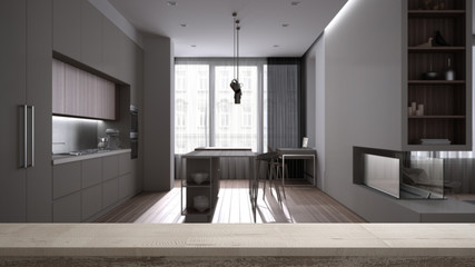 Wooden vintage table top or shelf closeup, zen mood, over modern kitchen with island and stools, parquet floor, potted plants, wooden loft, white architecture interior design