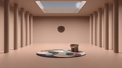 Imaginary fictional architecture, interior design of empty space with classic colonnade, concrete rosy walls, round carpet with armchair, ball suspended in the air, open ceiling