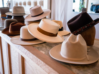 Fashionable hat display in retail store - obrazy, fototapety, plakaty
