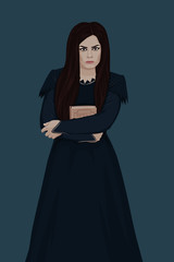 Young witch with a spell book. Portrait of a woman in a dark dress. Sorceress. Vector Illustration