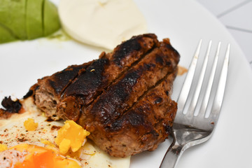 Avocado, fried meat and eggs