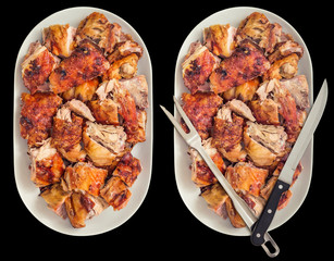 Fresh Spit Roasted Pork Meat Slices Offered on Porcelain Platter With and Without Serving Knife and Fork Isolated on Black Background