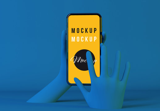 3D Blue Hands Using Smartphone on Blue Background Mockup