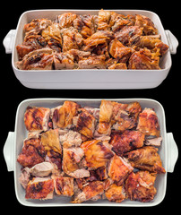 Fresh Spit Roasted Pork Thigh Meat Slices Served in White Ceramic Casserole Pan Side and Top View Isolated on Black Background