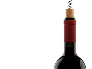 Uncorked wine bottle with corkscrew on white background, 3d rendering.