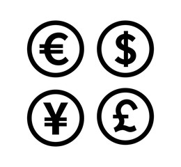 Money & Currency Icons. Euro, Dollar, Yen, Pound. Vector illustration.