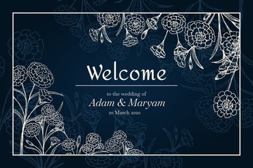 wedding welcome banner with beauty doodle hand drawn outline carnation flower floral ornament background template blue color vector illustration